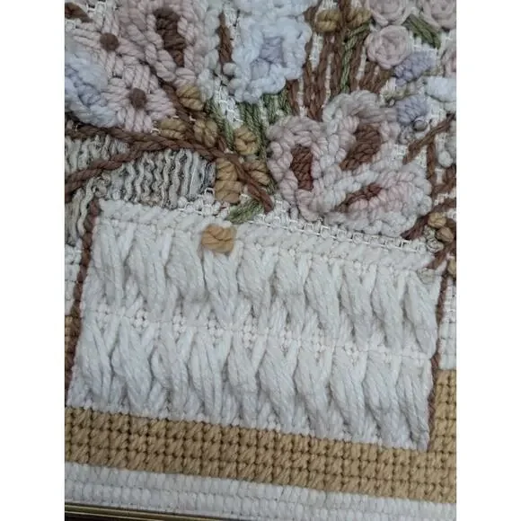 1980's Neutral Dried Floral Basket Crewel Art Work Embroidered Boho Cottage